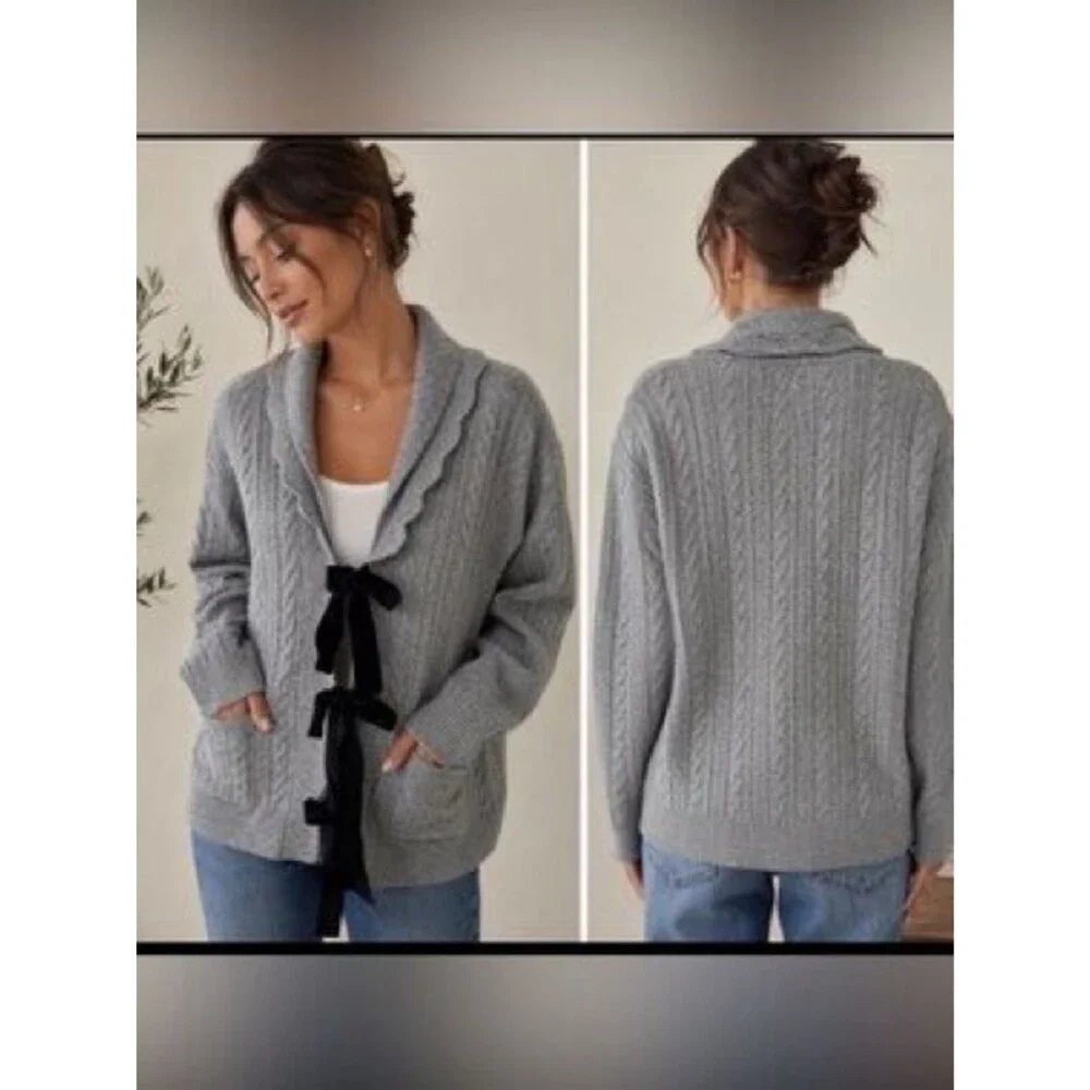 JOIE Wool Blend Oversized Cardigan Velvet Bow Detail NWT Size Large Cozy Luxe